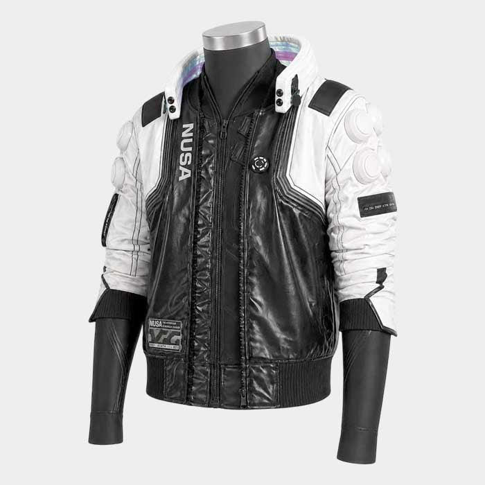 Black and white futuristic leather jacket with NUSA logo