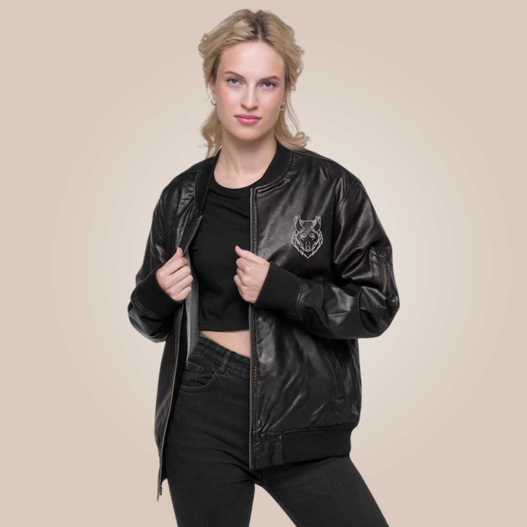 danika fendyr embroidered devils leather jacket front view