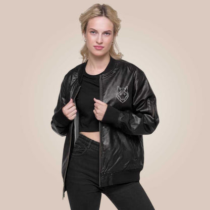 danika fendyr embroidered devils leather jacket front view