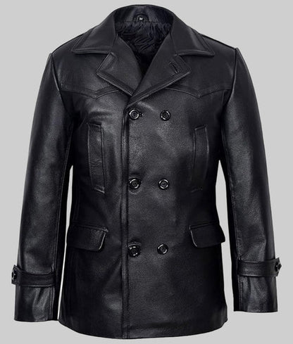 Front view of Danny black double breasted leather peacoat for men