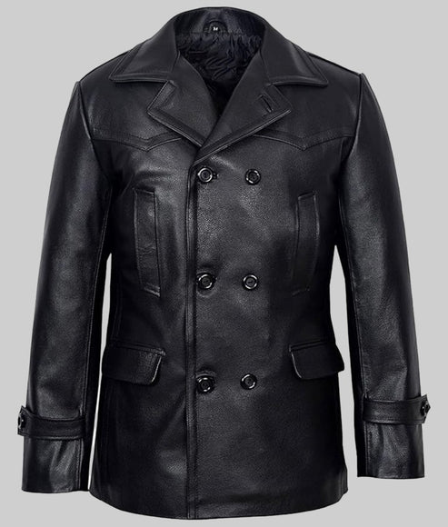 Front view of Danny black double breasted leather peacoat for men