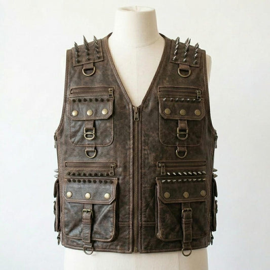 Front view of distressed brown leather biker vest with studded spike detail and eagle patch