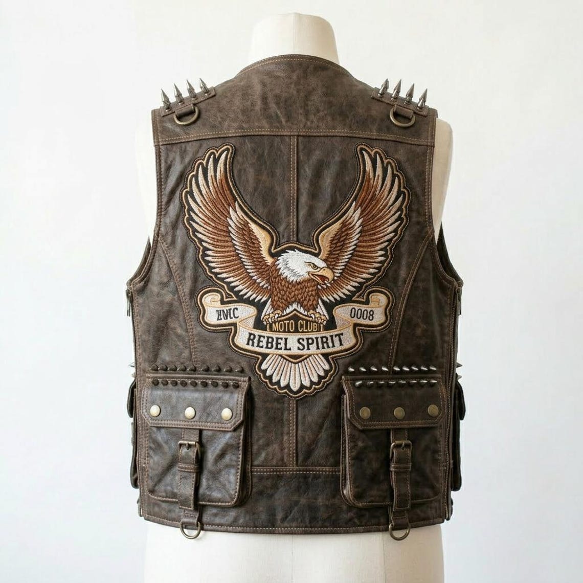 Back view showing large eagle patch on distressed brown leather biker vest