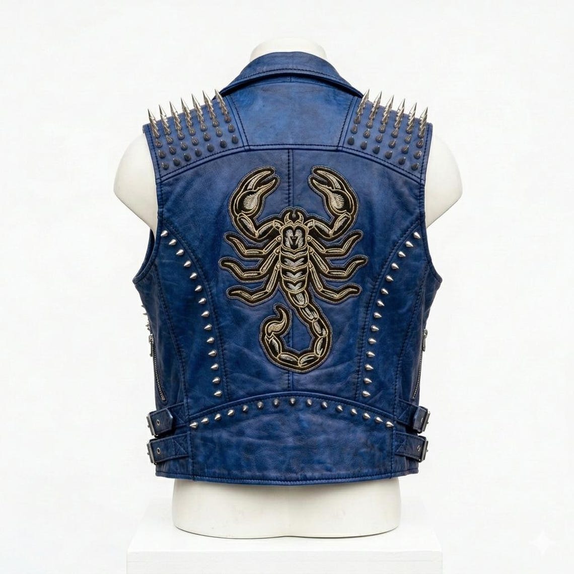 Back view of embroidered blue leather biker vest for men