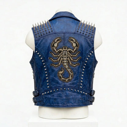 Back view of embroidered blue leather biker vest for men