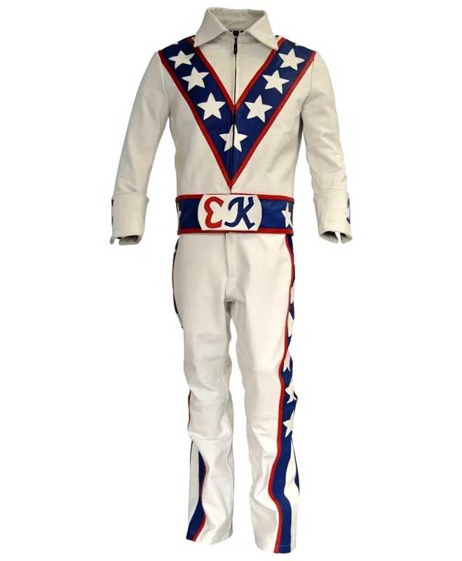 Evel Knievel-inspired white genuine leather suit with matching jacket and pants.