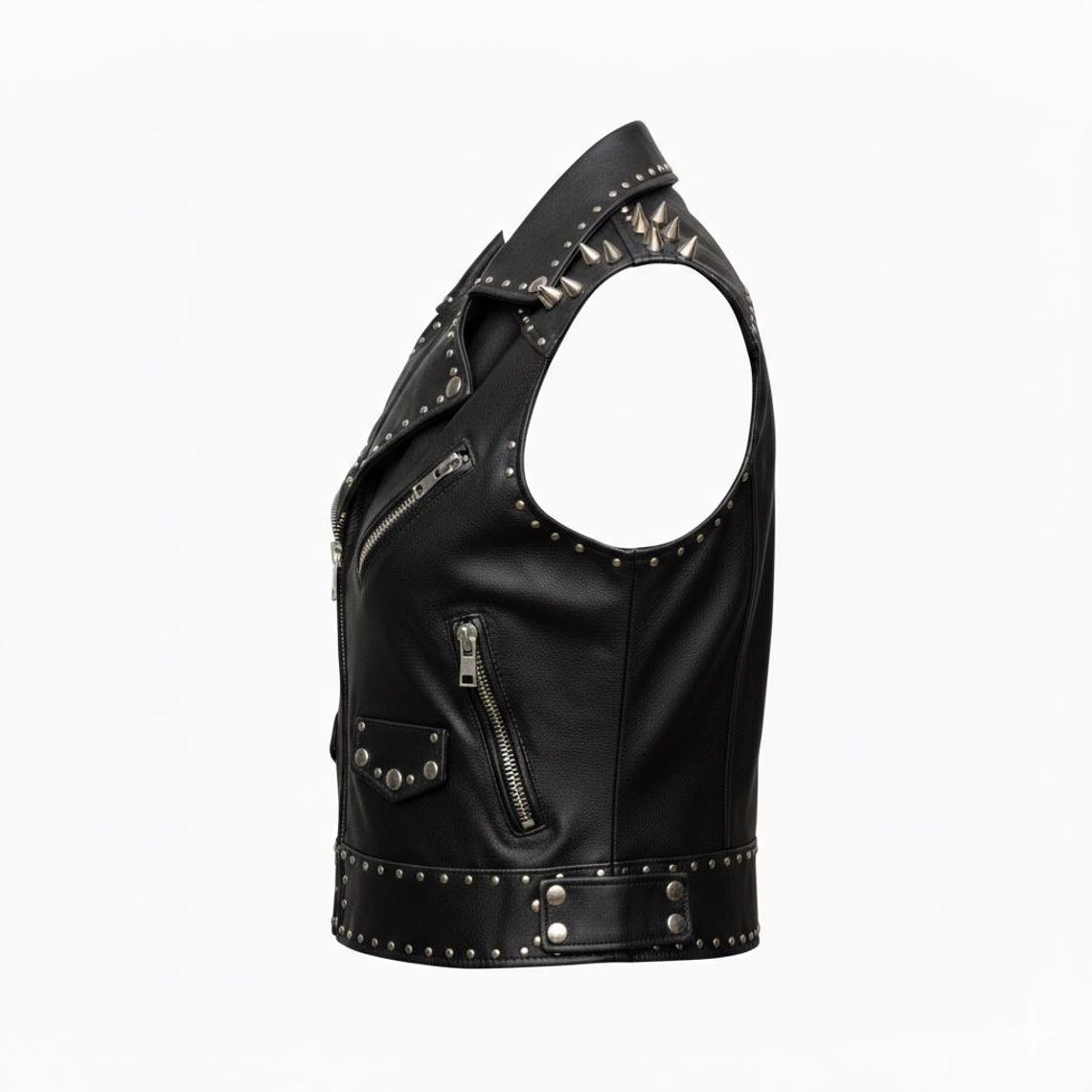 Side profile of fitted women black studded leather biker vest