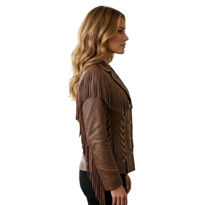 Side profile of brown leather fringe cowgirl jacket