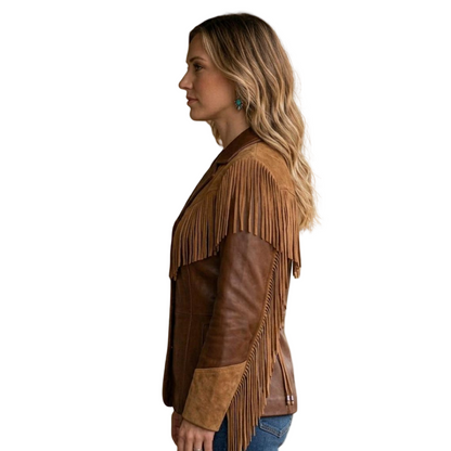 Side profile of women’s western fringe leather jacket showing tailored fit