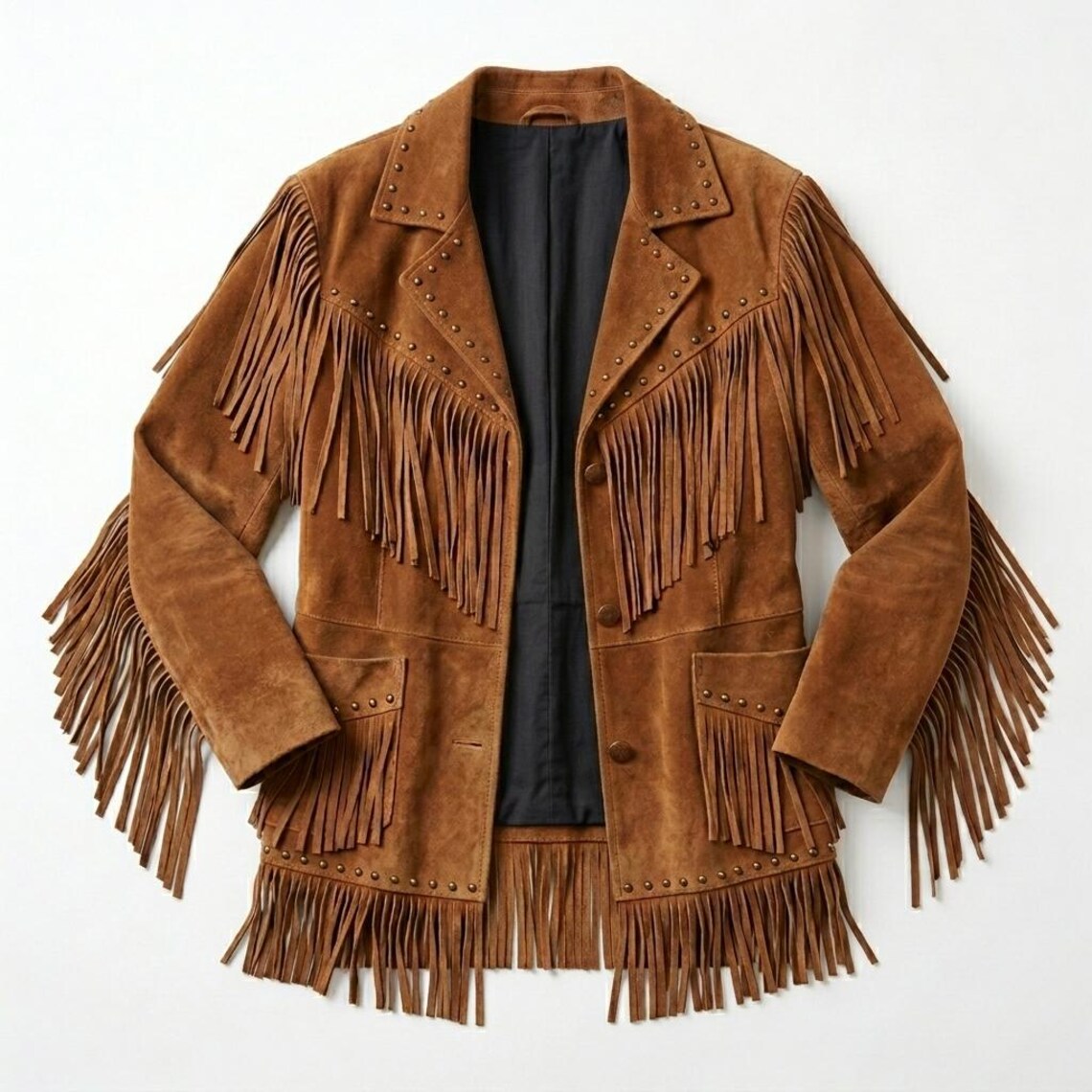Front view of women camel suede leather fringe jacket with studded rivets