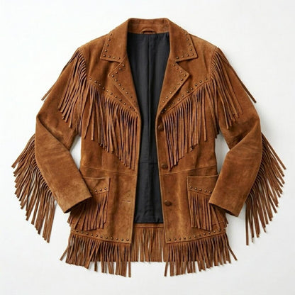 Front view of women camel suede leather fringe jacket with studded rivets