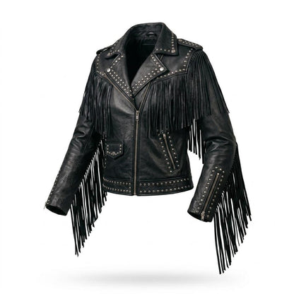 Front view of black fringe studded leather jacket for women with moto style design