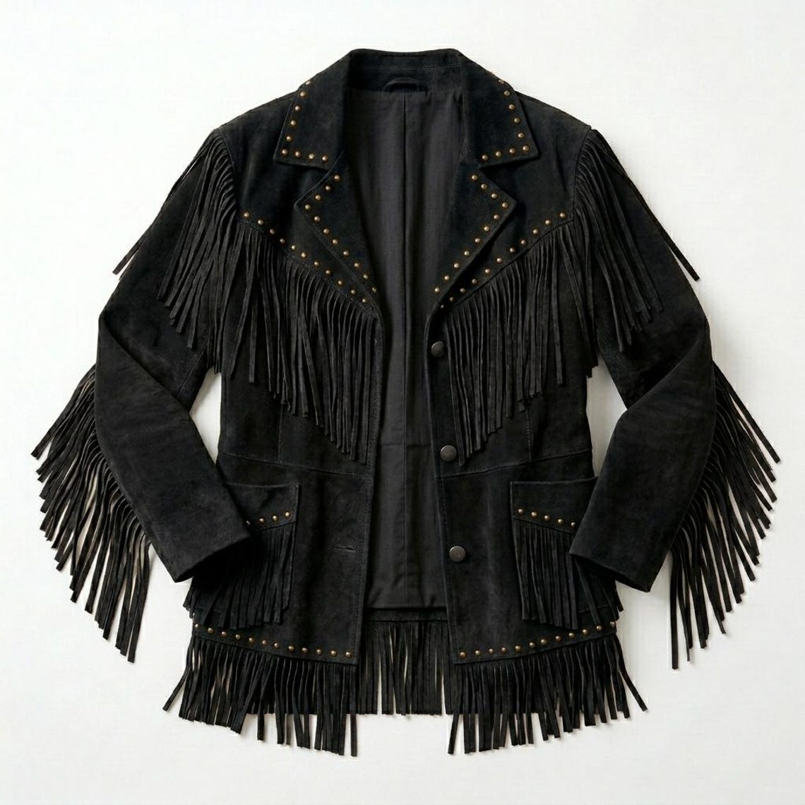 Women black suede leather fringe jacket front view with western detailing