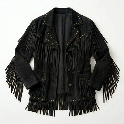 Women black suede leather fringe jacket front view with western detailing