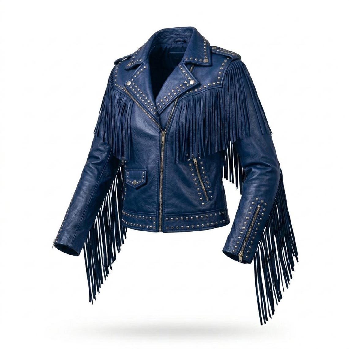 Front view of women blue fringe studded leather moto jacket