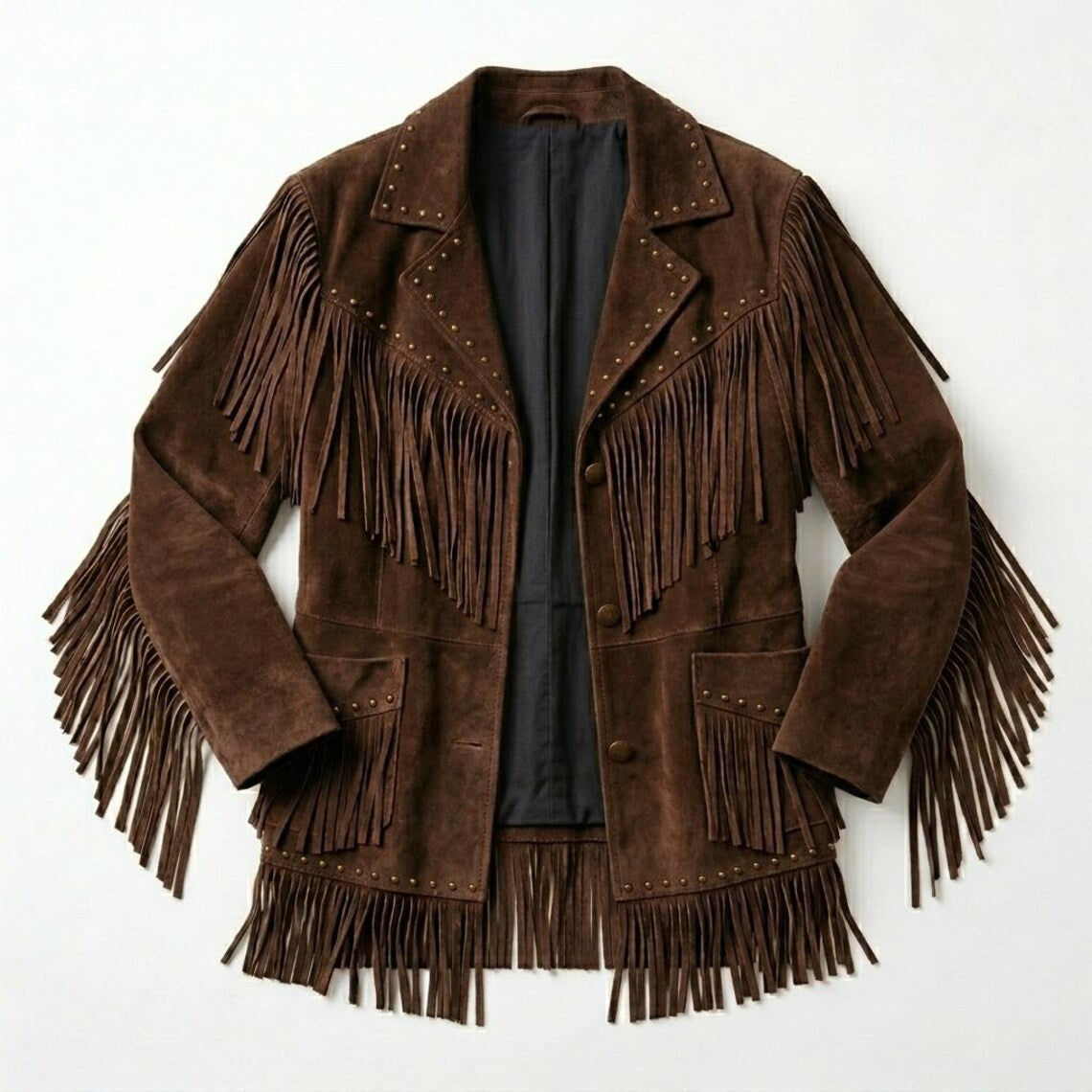 Front view of women brown suede leather fringe jacket with western studded details