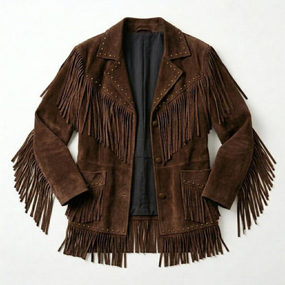 Front view of women brown suede leather fringe jacket with western studded details
