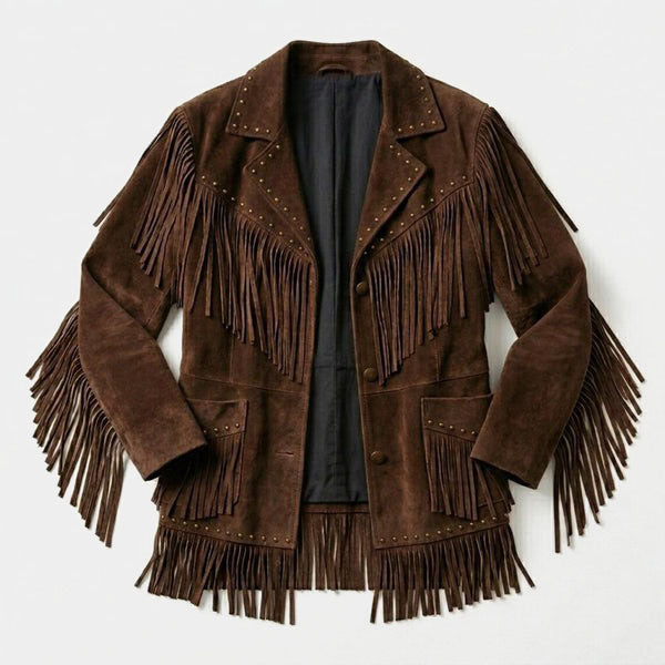 Women Brown Suede Leather Fringe Jacket Western Boho Biker Style