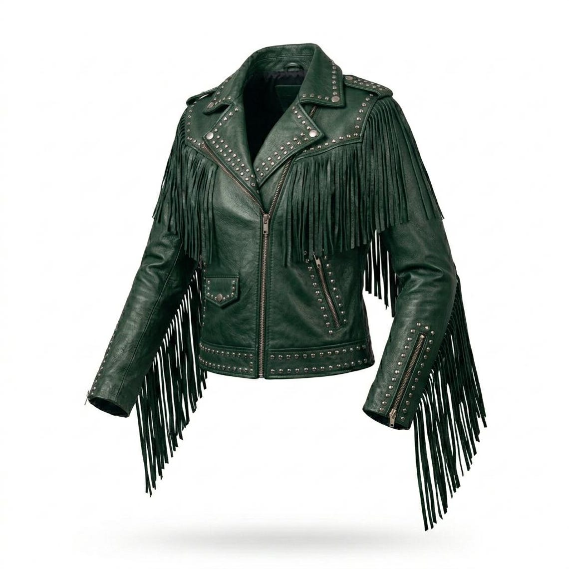 Front view of women green fringe studded leather jacket with western biker style