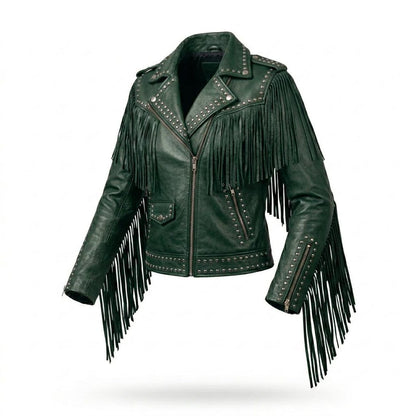 Front view of women green fringe studded leather jacket with western biker style