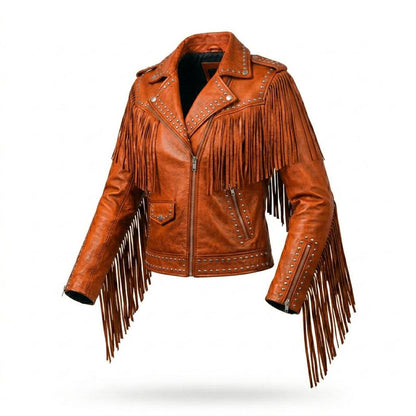 Front view of women orange fringe studded leather jacket with metal studs