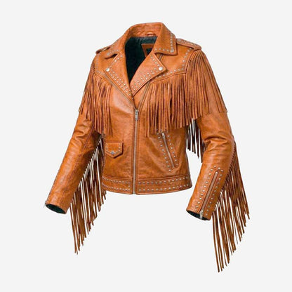 Women Orange Fringe Studded Leather Jacket Western Biker Style