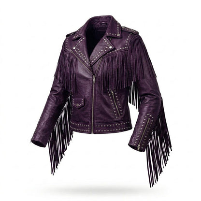 Front view of women purple leather fringe jacket with studded detail