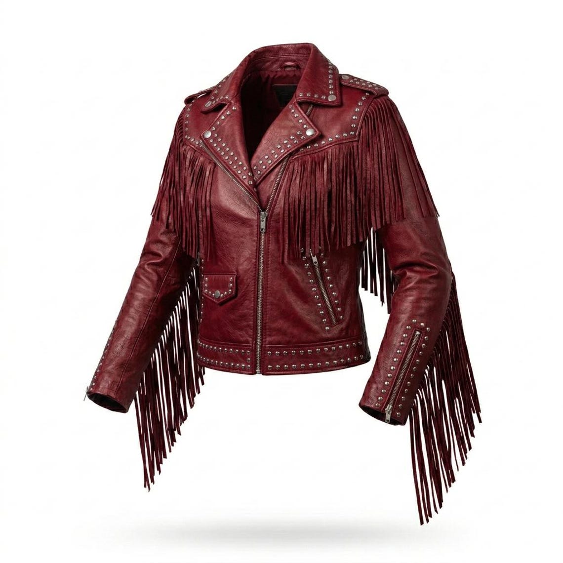 Front view of women red fringe studded leather biker jacket with long fringe sleeves