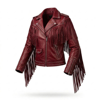 Front view of women red fringe studded leather biker jacket with long fringe sleeves