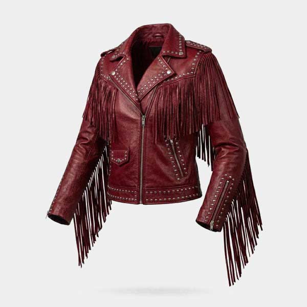 Women Red Fringe Studded Leather Biker Jacket