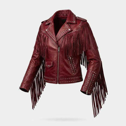 Women Red Fringe Studded Leather Biker Jacket