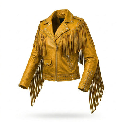 Front view of women yellow fringe leather jacket with studded biker detail