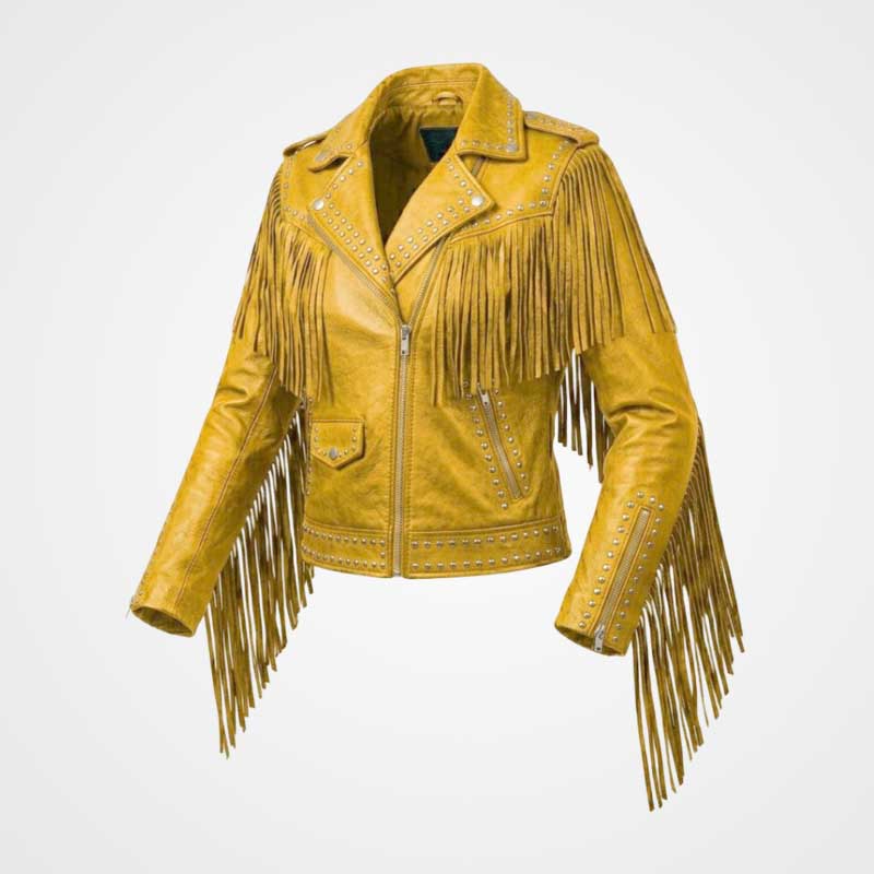 Women Yellow Fringe Leather Jacket Studded Western Biker Style