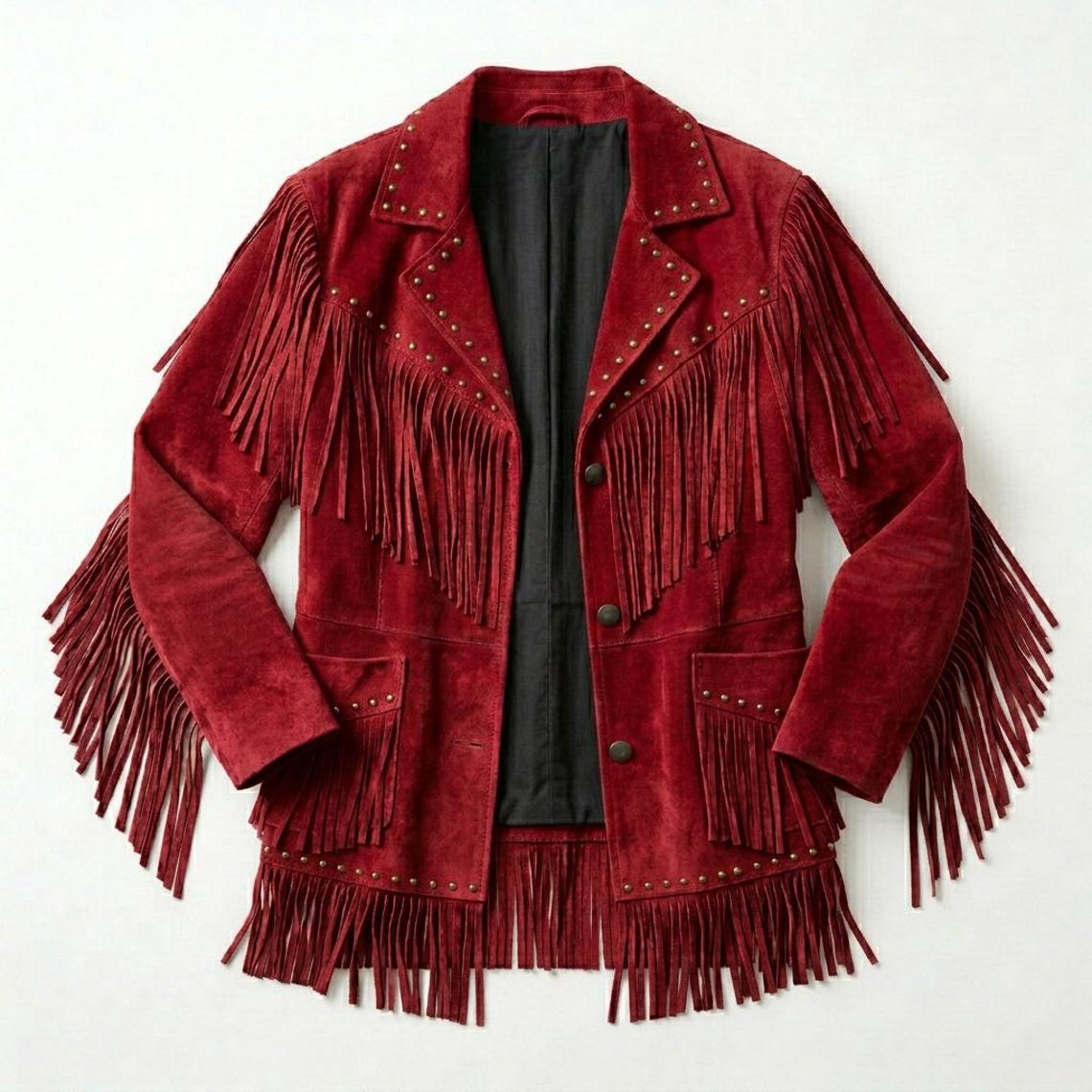 Front view of women red suede fringe jacket with western boho design