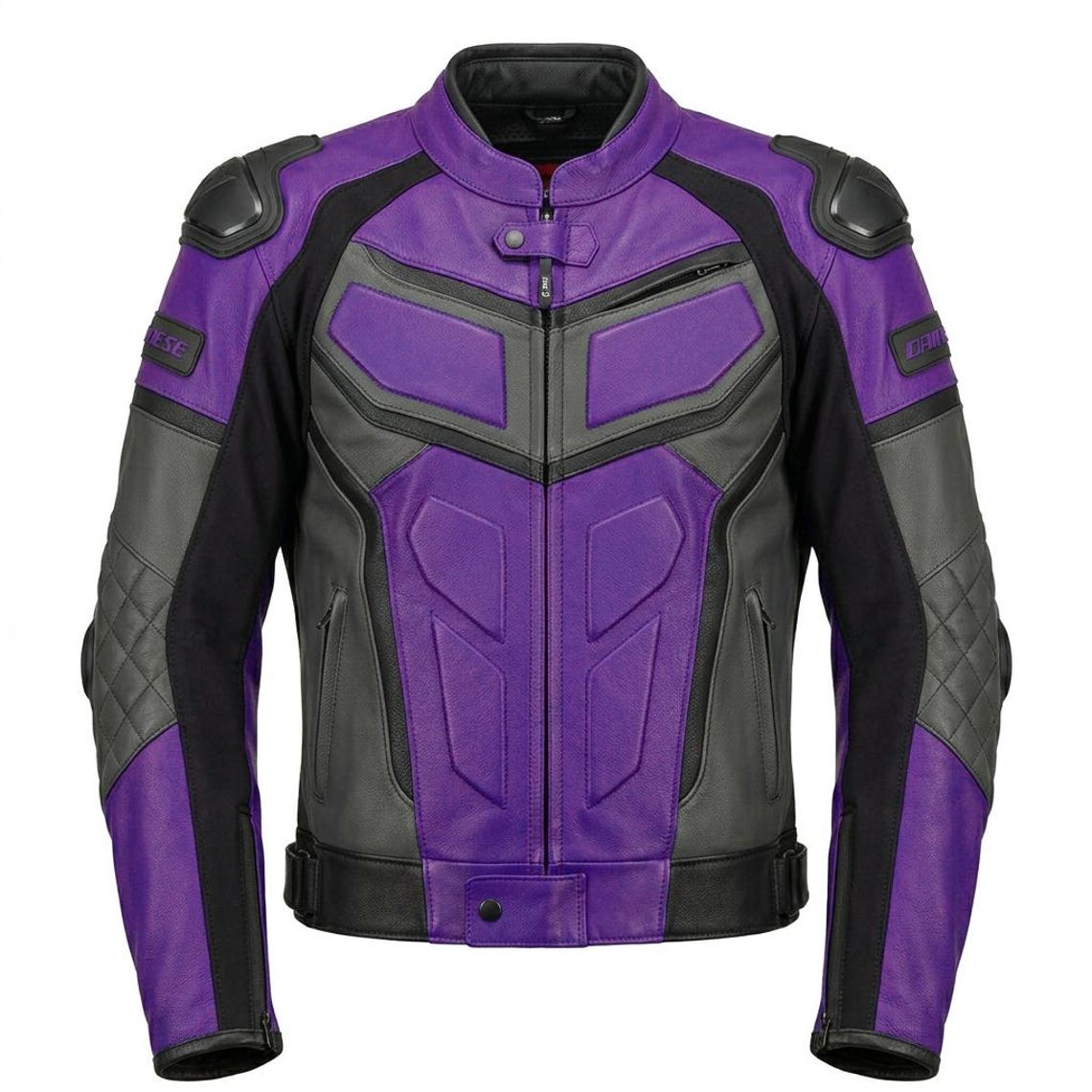 Front view of men purple leather motorcycle jacket with padded armor