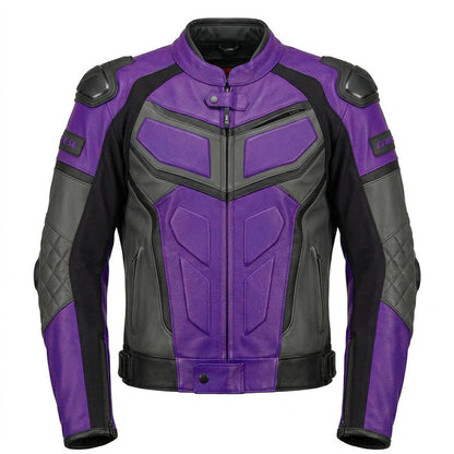 Front view of men purple leather motorcycle jacket with padded armor