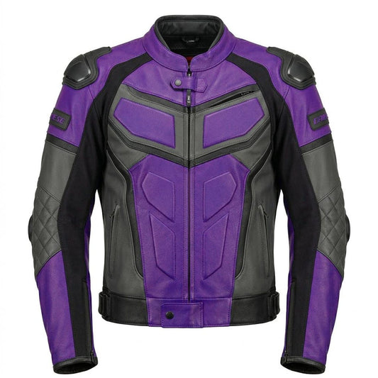 Front view of men purple leather motorcycle jacket with padded armor