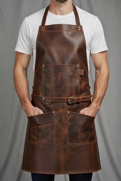 Brown full grain leather work apron for woodworking