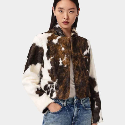 Genuine women's cowhide jacket in black brindle and white hair-on leather