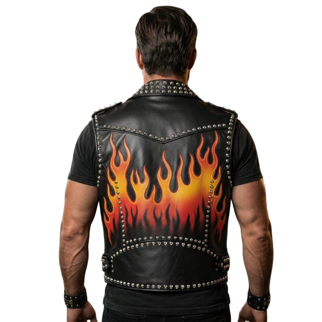 Back view of genuine cowhide studded leather vest for men