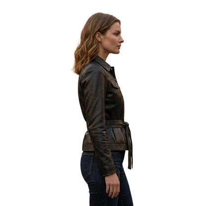  Side profile of genuine leather jacket with silver flower embroidery

