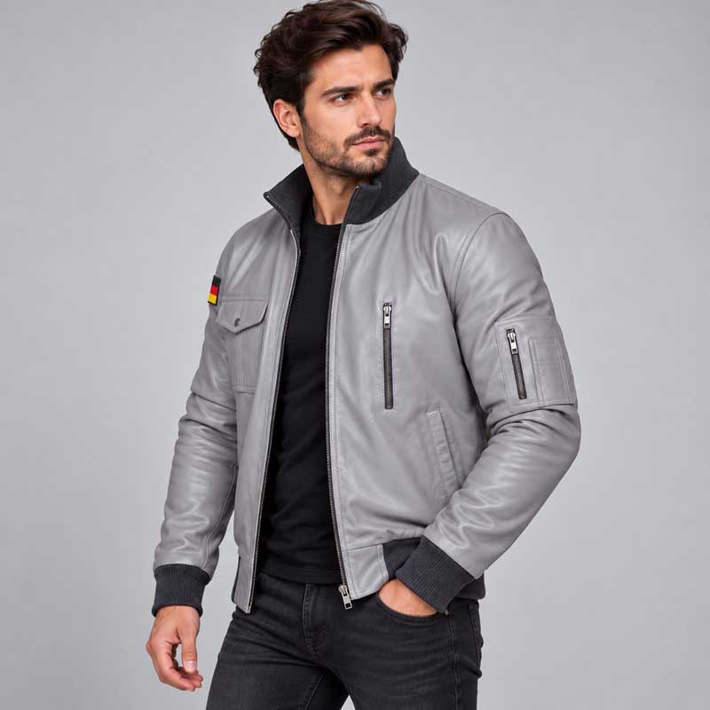 Aviation-inspired grey leather jacket with zipper closure