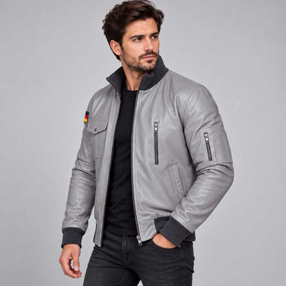 Aviation-inspired grey leather jacket with zipper closure