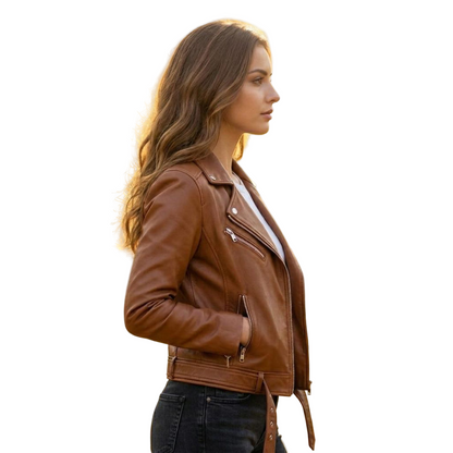 Side profile of women brown leather jacket in soft premium leather