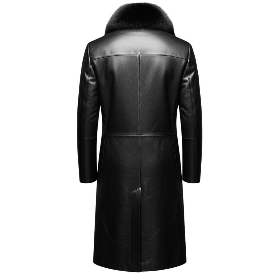 Back view of gothic black leather trench coat for men