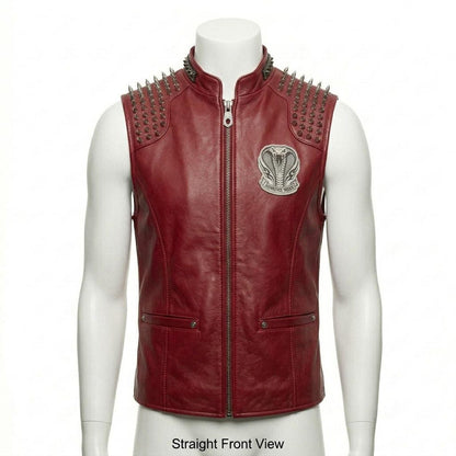  Front view of men red leather biker vest with spike embroidery