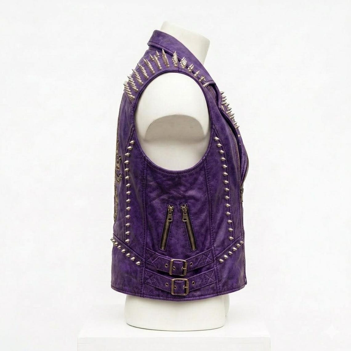 Side profile of purple leather biker vest in gothic punk style