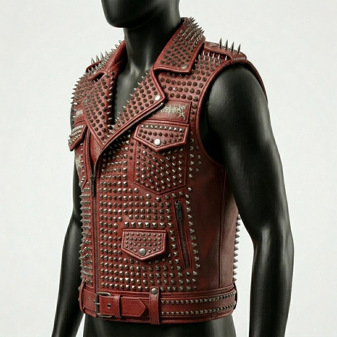 Side profile of gothic punk red leather moto waistcoat
