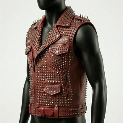 Side profile of gothic punk red leather moto waistcoat
