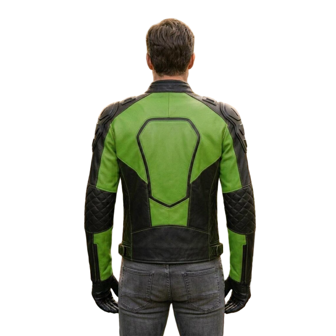 Back view of green and black moto leather jacket with quilted panels